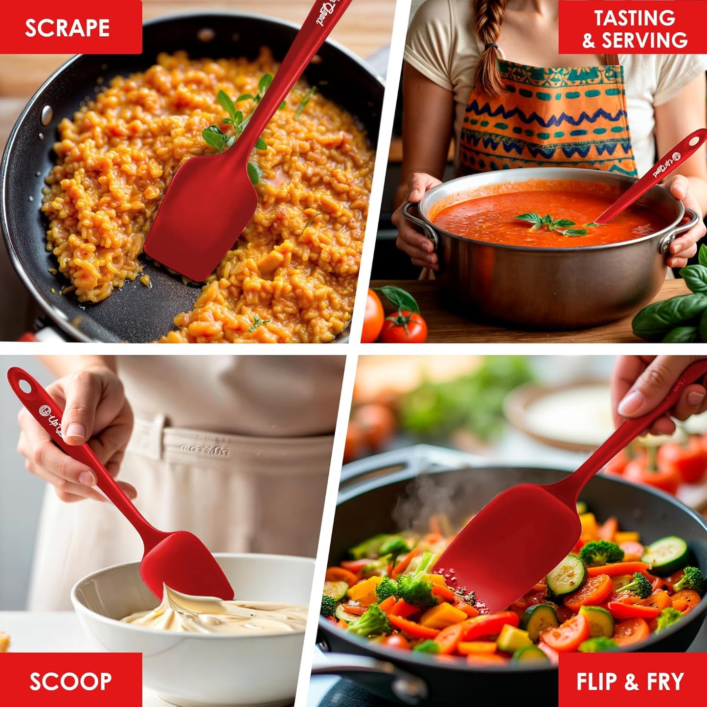 Silicone Spoon Spatula - 600ºF Heat-Resistant Non-Stick Rubber Spoonula | Use as Silicone Kitchen Scraper Utensil - Baking and Cooking Strong Stainless Steel Core | UpGood Kitchen Utensils, (Red)