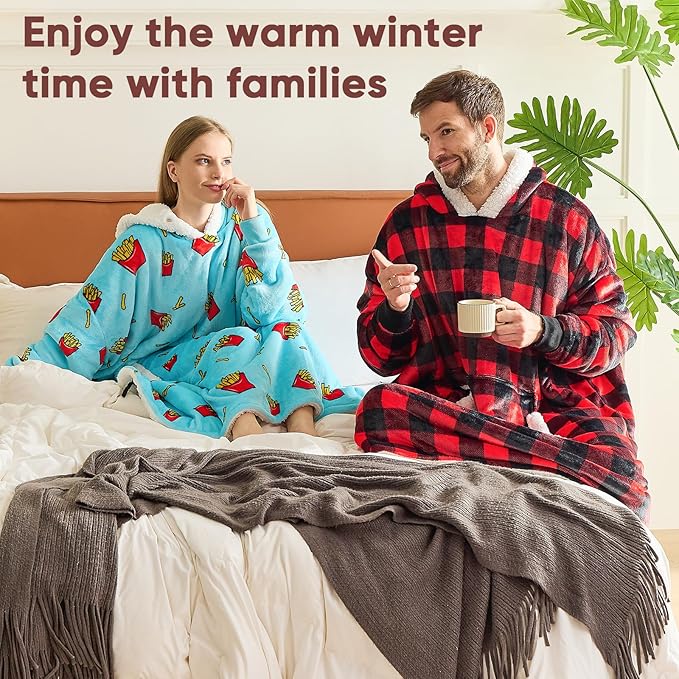 yescool Wearable Blanket Hoodie, Flannel Sherpa Fleece Blanket Sweatshirt for Adults Women Men,One Size Fits All