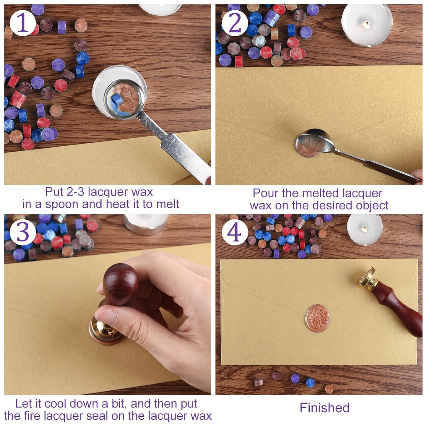 500 Pcs Dark Gold Octagon Wax Seal Beads Kit with 4 Pcs Tea Candles 1 Pc Melting Spoon for DIY Crafts Letters Wedding Wine Bottle Sealing