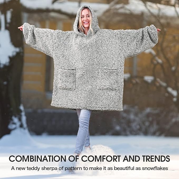 yescool Wearable Blanket Hoodie, Flannel Sherpa Fleece Blanket Sweatshirt for Adults Women Men,One Size Fits All