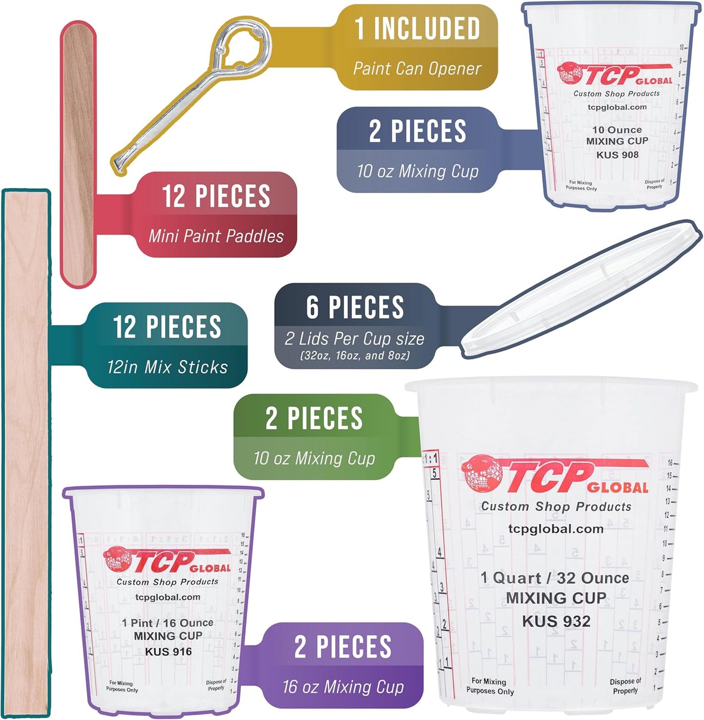 TCP Global Complete Paint Mixing Kit - 12 Cups with Lids, Mixing Sticks, Paddles, Strainers - Epoxy Resin Measuring Cups, Plastic Paint Cup Containers for Automotive & Art Projects