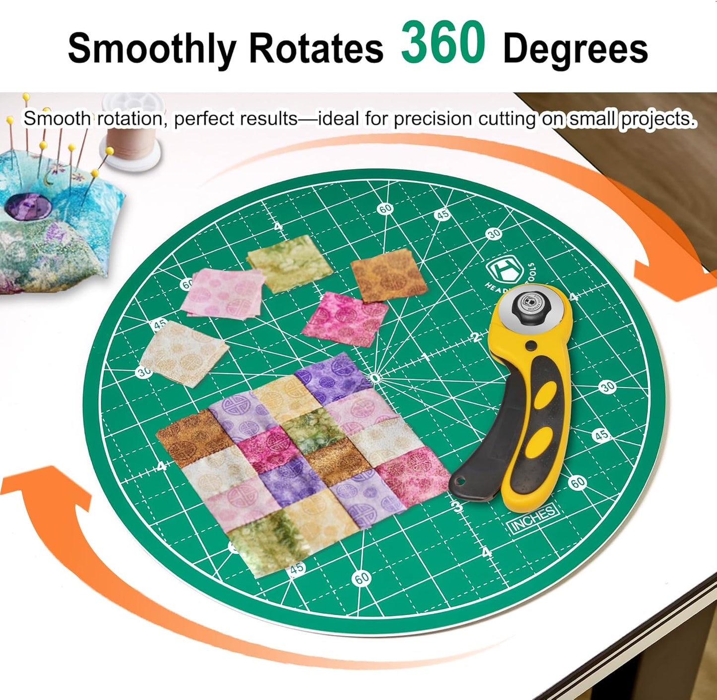 Headley Tools 10"x10" Round Rotating Cutting Mat, Self Healing Mat with 360-Degree Rotation & Anti-Slip Base, Sewing Board Cutting Mat Perfect for Fabric Quilting Leather Hobby Project, Green