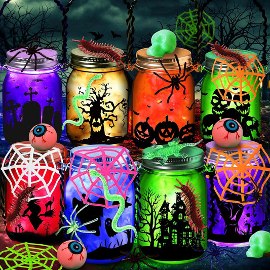 Halloween Crafts Activities For Kids Ages 4-12,8 Pack Glass Mason Jar for School Halloween Art Activities,Halloweens Craft Supplies,DIY Lantern Jar for Gifts Halloween Party Favors,Classroom Prizes