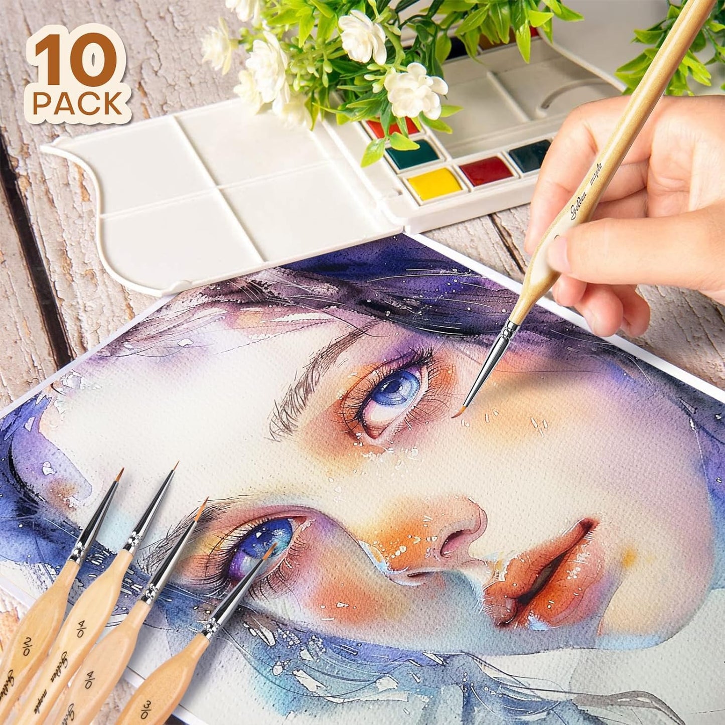 Golden Maple Miniature Paint Brushes 10pcs Detail Paint Brushes Flat Angle Filbert Fine Detail Brush Set for Acrylic, Watercolor, Miniature Models
