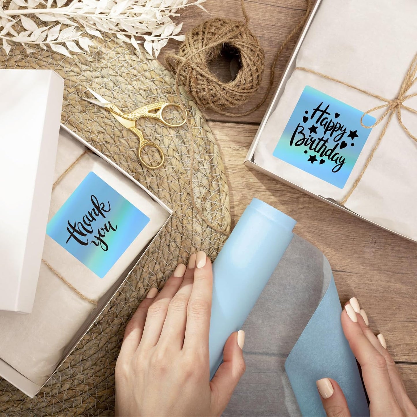 2" x 2" Square Thermal Labels Stickers, Holographic Thermal Stickers Labels, Waterproof Glitter Direct Thermals Label for Small Business, DIY Design- Holographic Blue