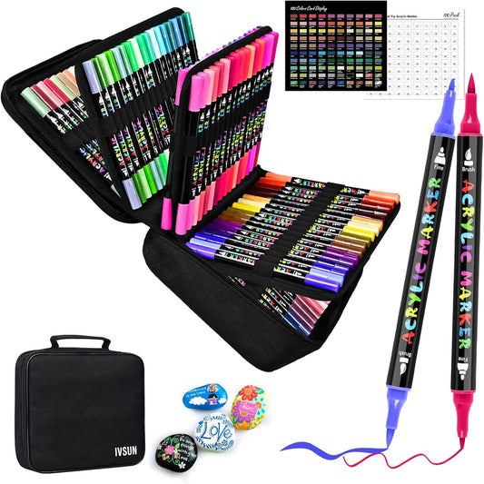 IVSUN Acrylic Paint Pens, 100 Colors Dual Tip Paint Markers with Fine Tip and Brush Tip Pens for Stone, Wood, Canvas, Calligraphy, Ceramic, Metal, Glass, Rock Painting, DIY Crafts Art Supplies Kit