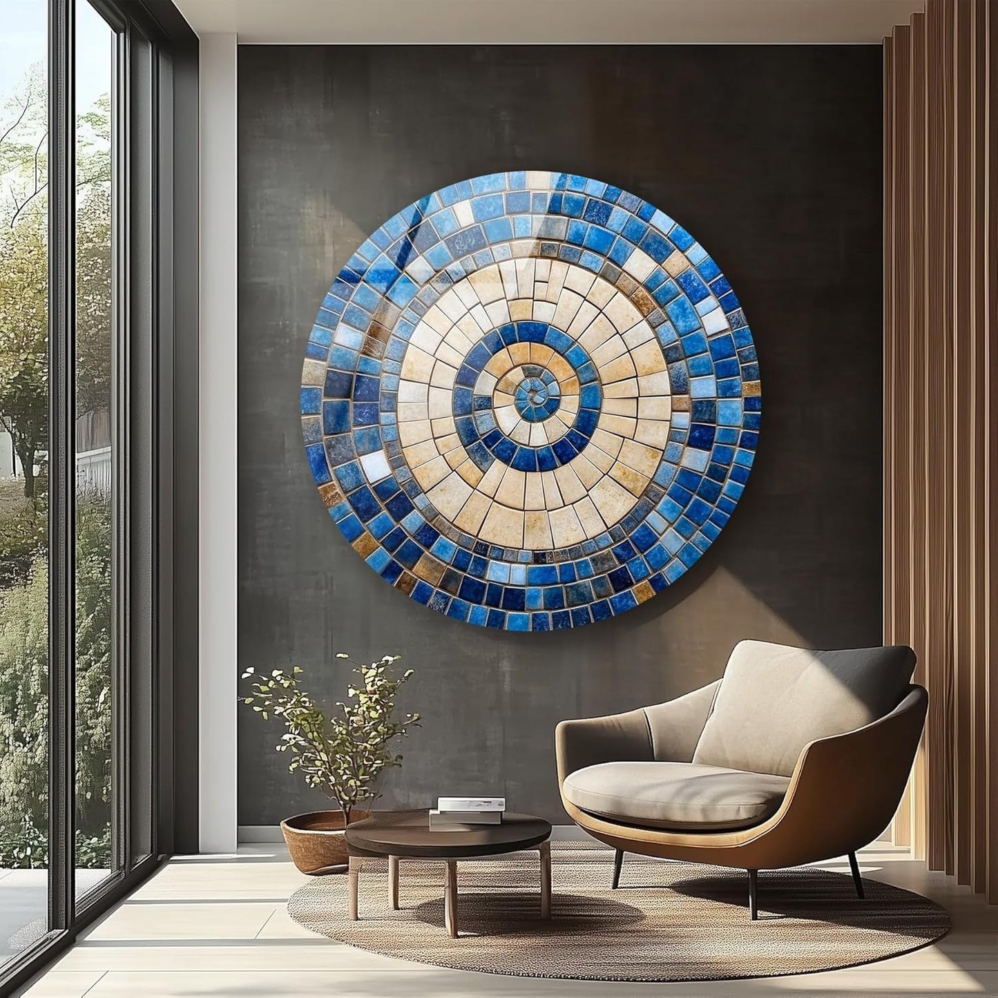 My Photostation.com 20''(50cm) Diameter Coastal Sunburst Beige & Blue Round Glass Wall Art Tempered Glass Printing Wall Decor Large Wall Art Wall Hangings