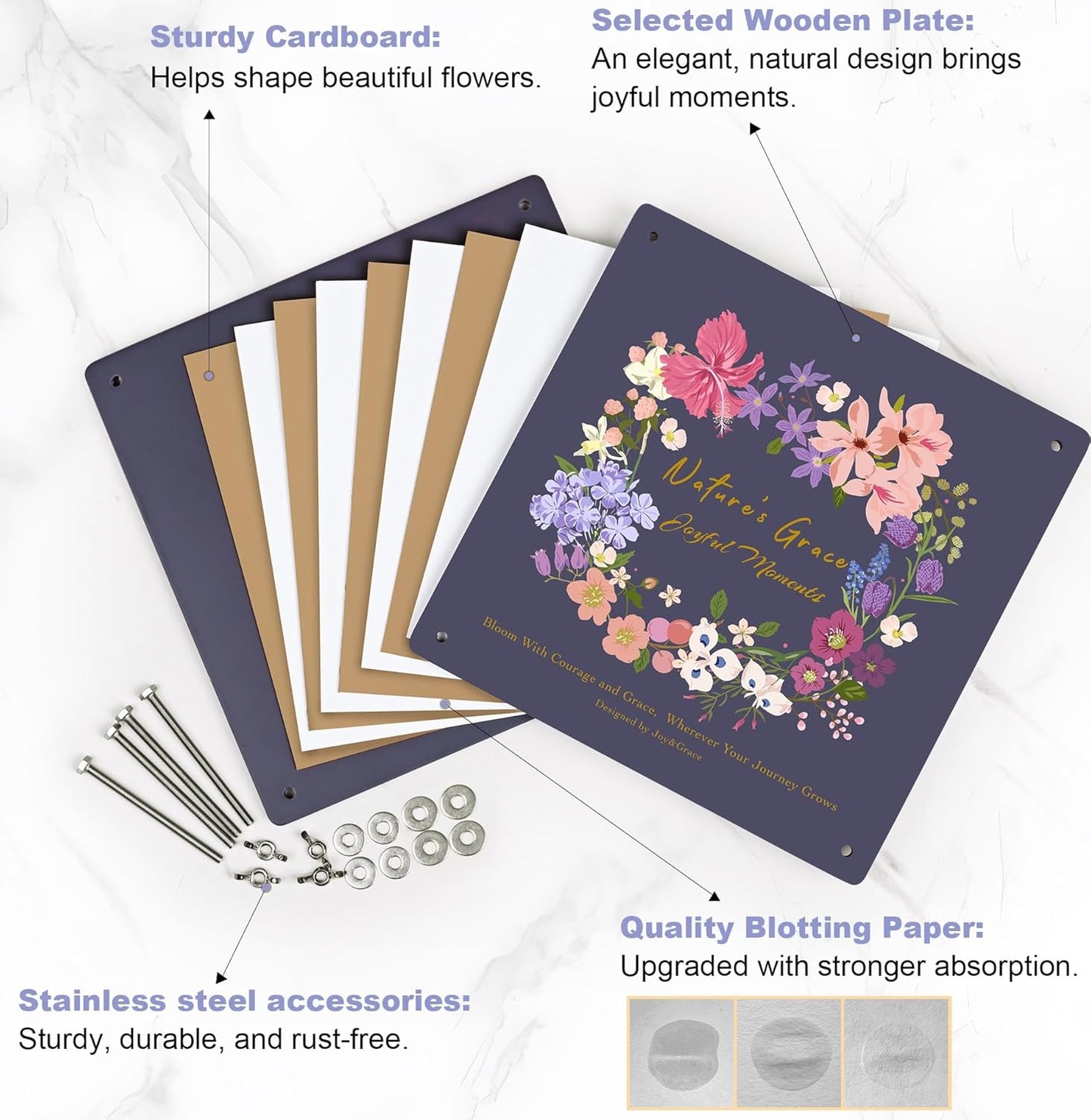 Joy&Grace Flower Press Kit for Adults & Kids, with Designed Cover and DIY Album, 10.9" x 10.9" 10 Layers Flower Preservation Kit, Plant Press and Large Plant Drying Toolkit (Color Box, Purple Navy)