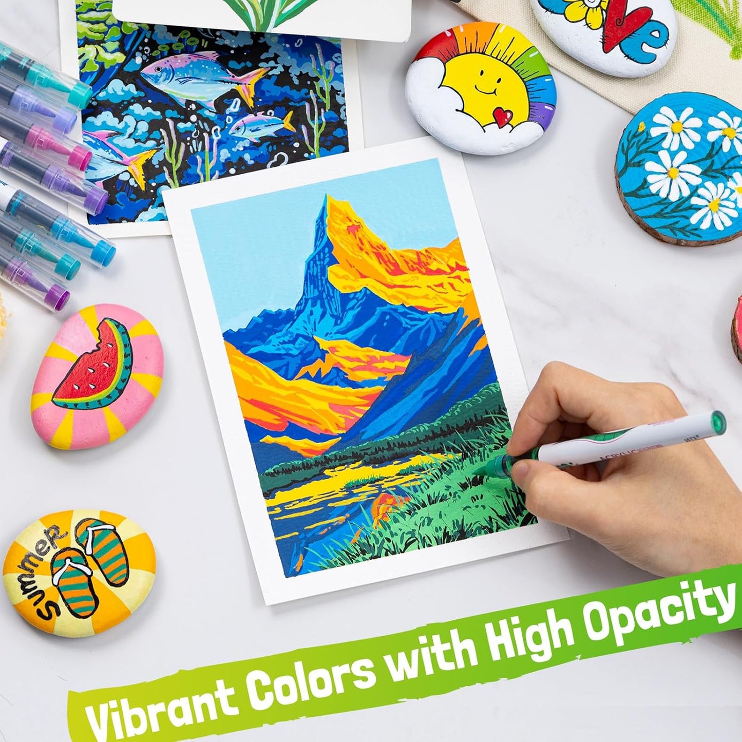 LET'S RESIN PAINT Acrylic Paint Markers Brush Tip 72 Colors,Automatic Ink Control Acrylic Paint Pens,No Bleed & Good Coverage Acrylic Markers for Coloring Books,Rock Painting,Canvas,Ceramic,Wood