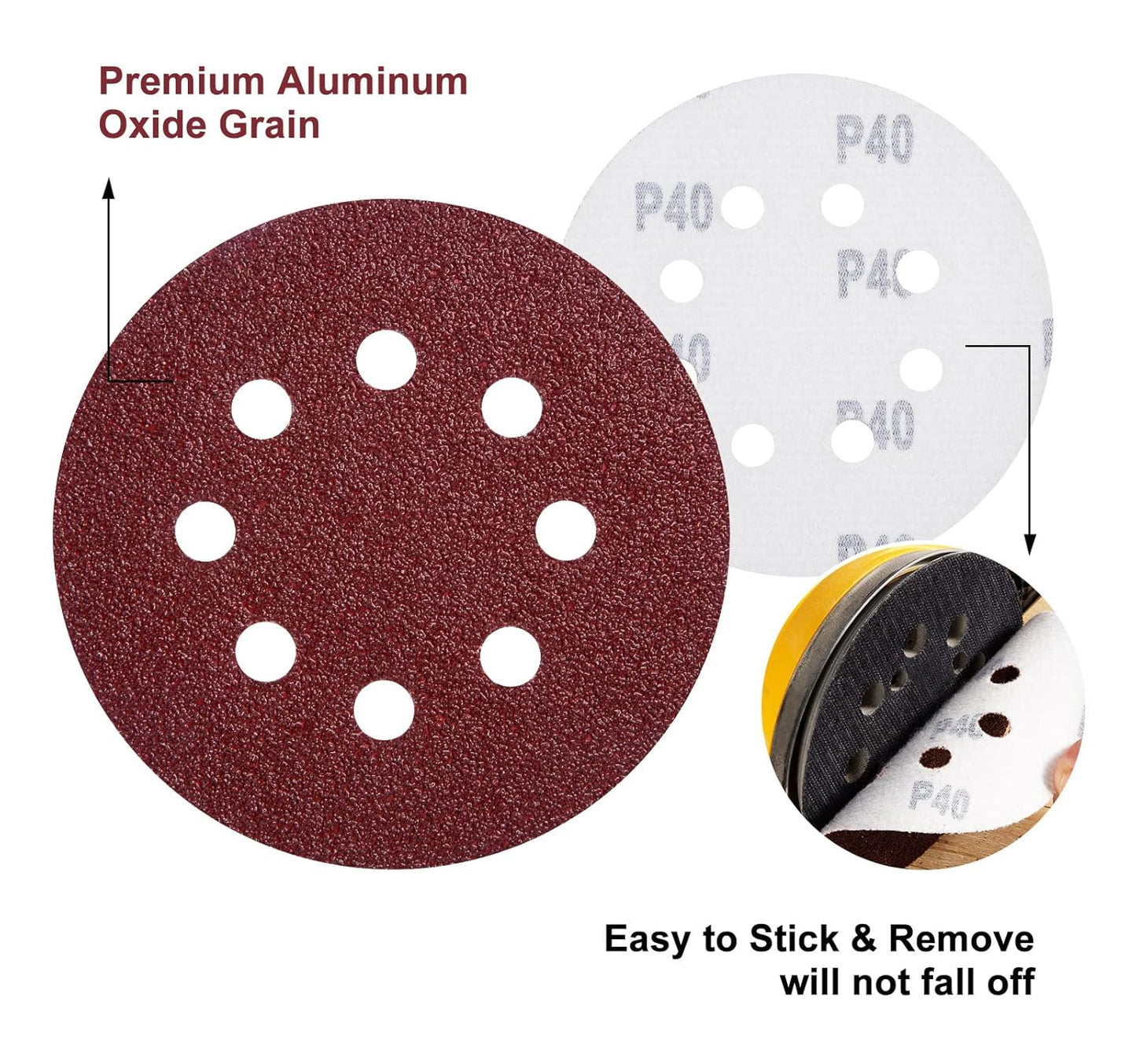 S SATC 150 PCS Sanding Discs 5-Inch 8-Hole Aluminum Oxide Sandpaper for Woodworking Hook and Loop Adhesive for Random Orbital Sander 40 Grit