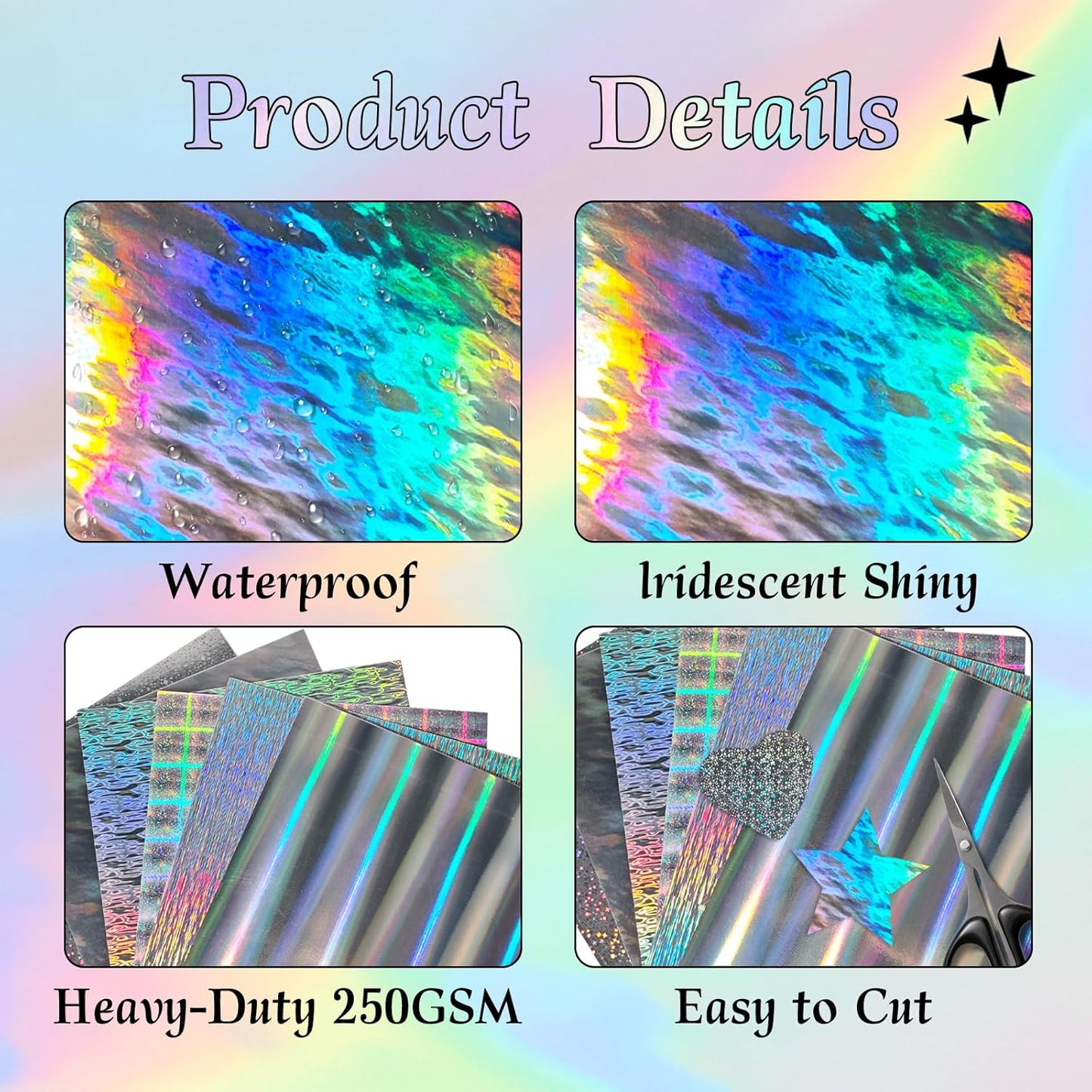 24 Sheets Holographic Cardstock 8.5 x 11in, 250gsm/92lb 6 Mixed Styles Metallic Cardstock Shiny Iridescent Mirror Paper Thick Foil Board for Scrapbook,Card Making,Crafts,Party Decoration (Multicolor)