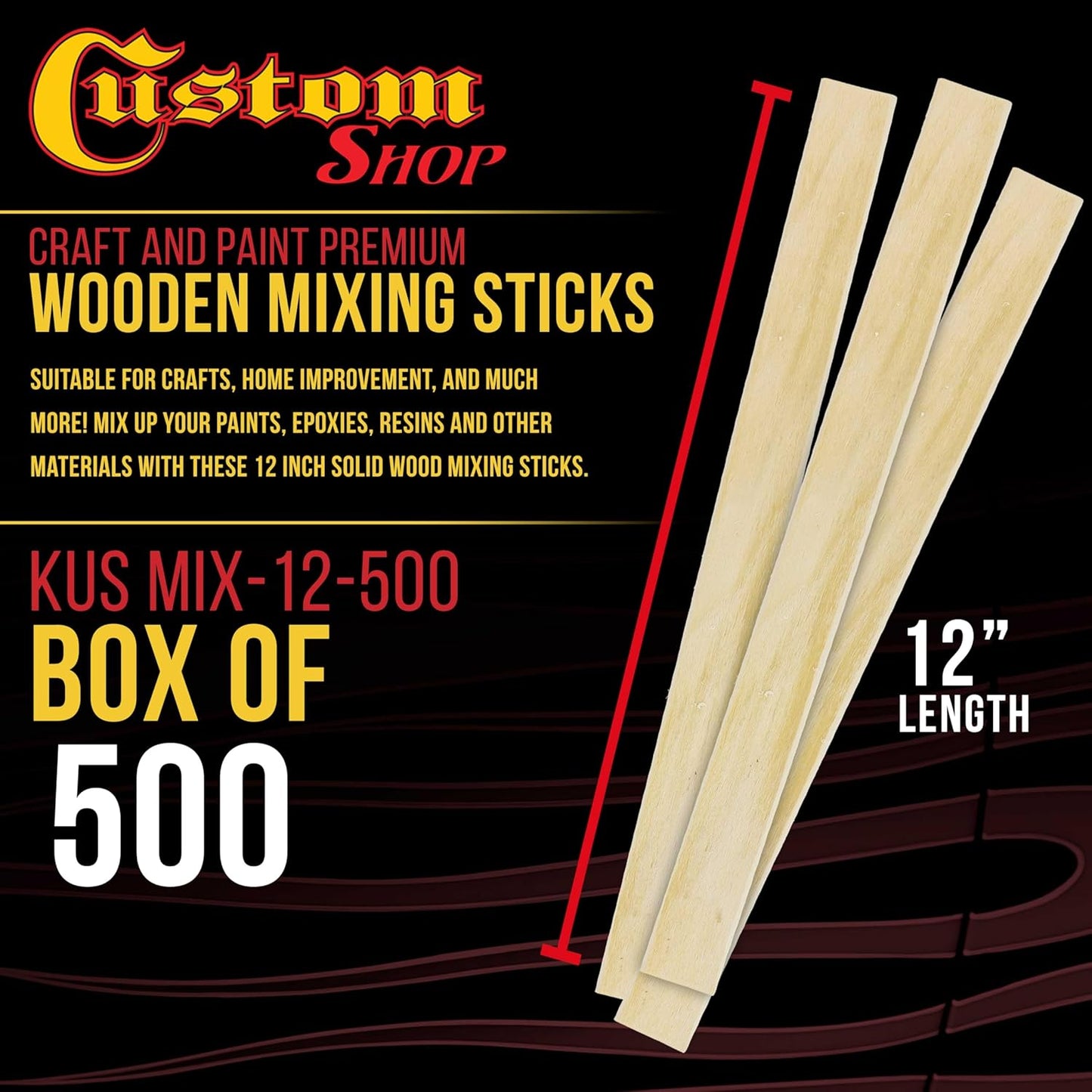 Custom Shop Craft and Paint Sticks - (Pack of 500 Sticks) 12" Inch Premium Grade Wood Stirrers/Paddles - Use for Wood Crafts -to Mix Epoxy Resin or Paint -Garden Sign Posts