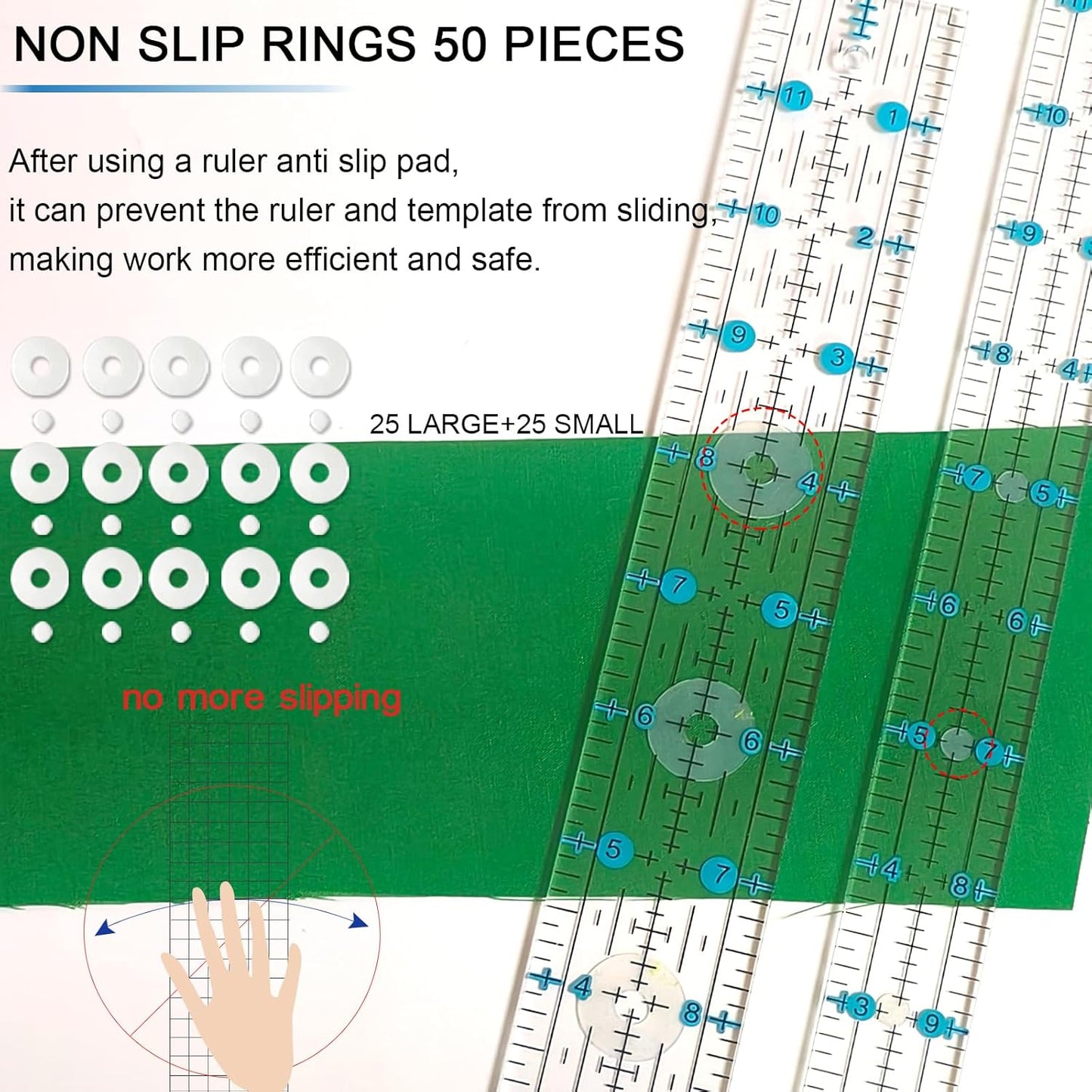 Quilting Ruler, Sewing Ruler, 8 Pack, Acrylic Quilting Templates(6"x17", 3"x17", 2"x16", 1.5"x12", 1"x12", 1"x6", 8"x3"), Non Slip Rings 25 Pieces, Sewing and Quilting Supplies - Clear/Blue