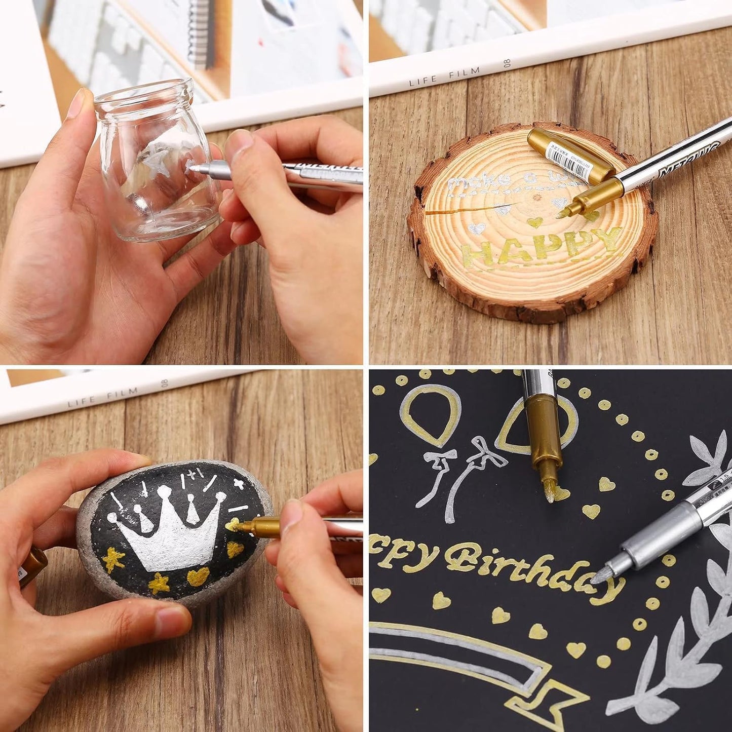 MYARTOOL Metallic Marker Pens, Gold Metallic Permanent Markers for Artist Illustration, Crafts, Gift Card Making, Scrapbooking, Fabric, DIY Photo Album, Value Set of 8