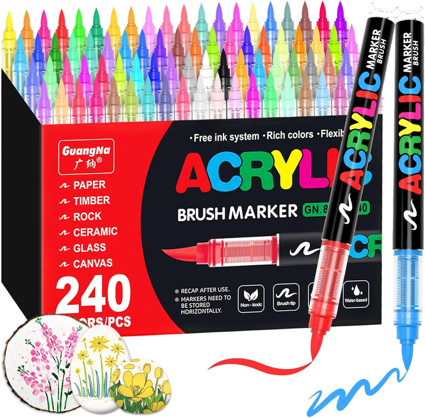 Guangna Acrylic Paint Markers,240 Colors with Direct-Liquid Ink Control System, Professional-Grade Paint Pen for Rock Painting, Canvas, Glass, Plastic, Fabric & Creative Crafts