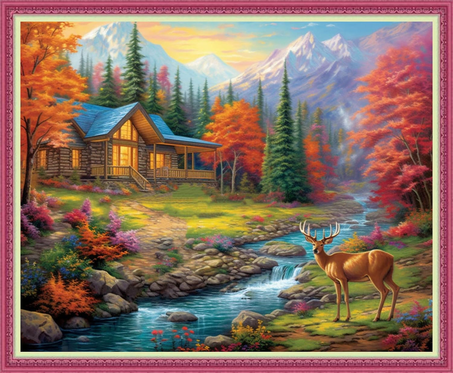 Disnesart Cross Stitch Stamped Full Embroidery Kits DIY 11CT Cotton Thread Printed DIY Needlepoint Kits Craft Needlework Set Cross-Stitch Stamped Sets-Deep Autumn Homeland 16x20 inch