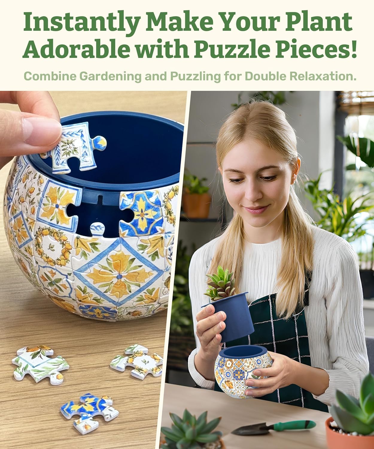 PieceRelax 3D Puzzle Planter - Retro Tiles - Danish Folklore Style, Home Decor Flower Pots for Indoor Cactus, Succulents Pots [K1104]