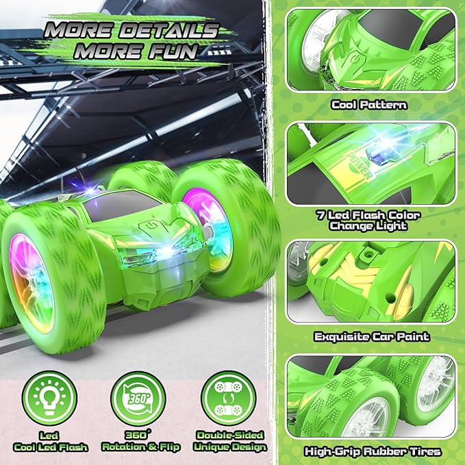 Remote Control Car for Kids, RC Stunt Cars Toys for Boys Ages 4-7 with Cool Double-Sided Pattern and LED Flash, 1:24 Vehicle Toy Car Hobby Racing Car Toys Gift for 3 4 5 6 7 8 9 Year Old Boys