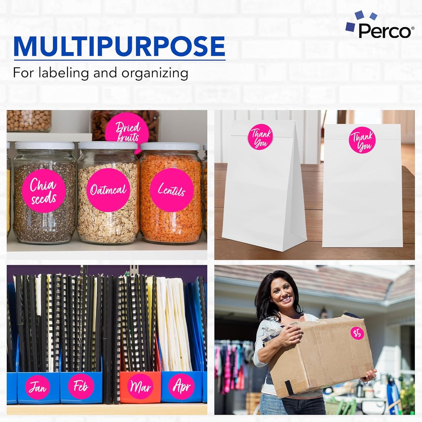 Perco Fluorescent Pink 3-Inch Perforated Circle Dot Sticker Labels — 10 Rolls, 5,000 Round Stickers — with Permanent Adhesive for Moving Boxes, Sale Signage, Displays, Status Messaging—Made in USA