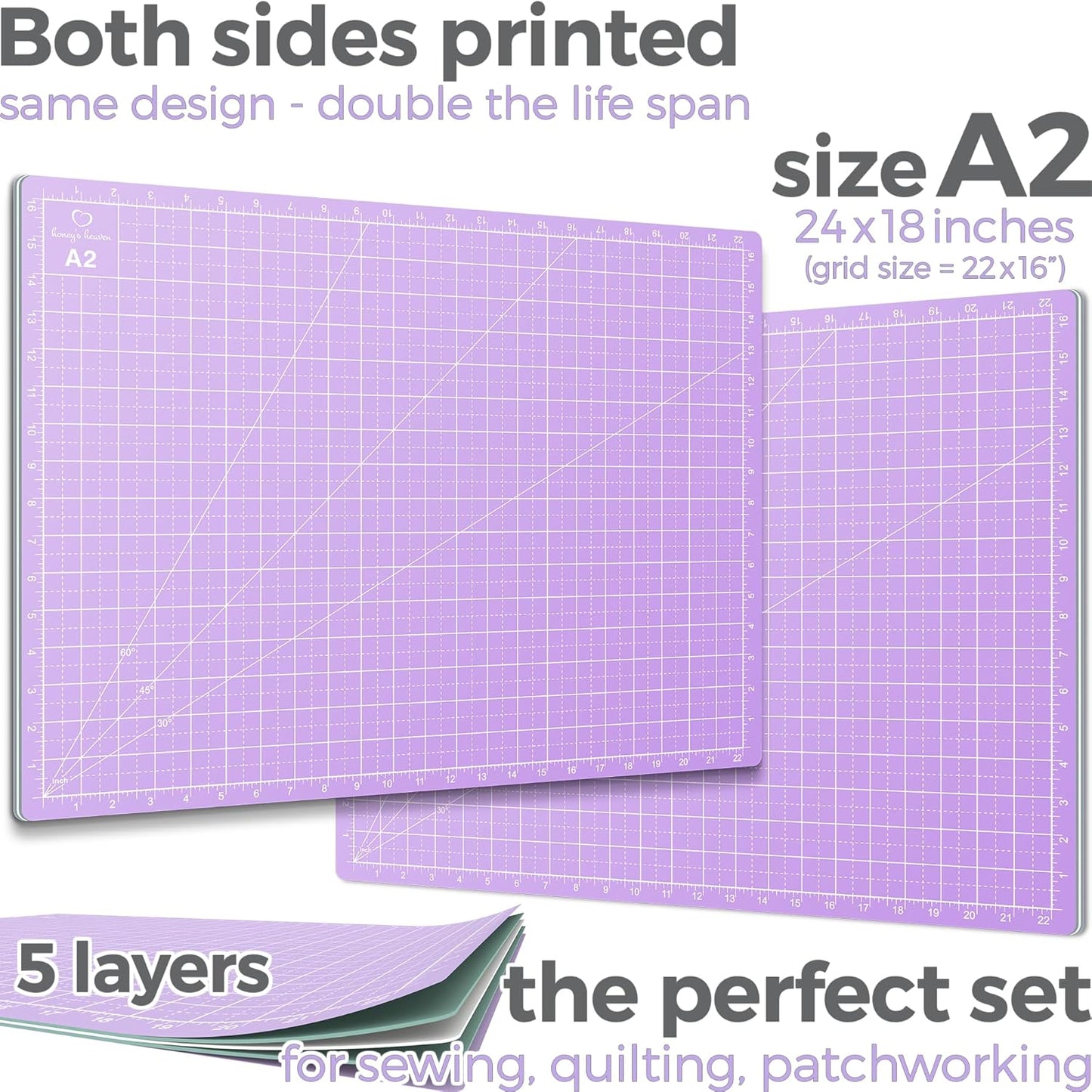 Rotary Cutter Set lavender - Quilting Kit incl. 45mm Rotary Cutter, 5 Replacement Blades, A2 Cutting Mat, Acrylic Ruler and Craft Clips - Ideal for Crafting, Sewing, Patchworking, Crochet & Knitting