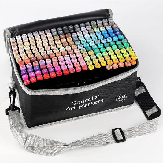 Soucolor Alcohol Markers 204 Colors with Case & Holders, Dual Tips Chisel & Fine Art Markers for Adult Coloring Kids Drawing, Artist Markers Art Supplies for Blending Sketching