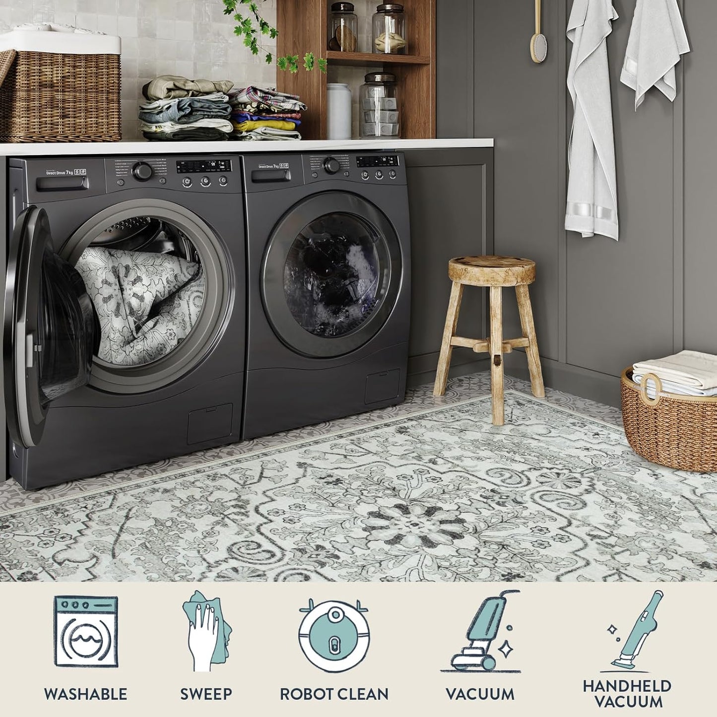 Lahome Washable Runner Rugs with Rubber Backing, 2x7 Hallway Runner Rug Soft Kitchen Carpet Runner, Bohemian Non-Slip Low Pile Printed Throw Rug Runners for Bathroom Bedside RV, Beige