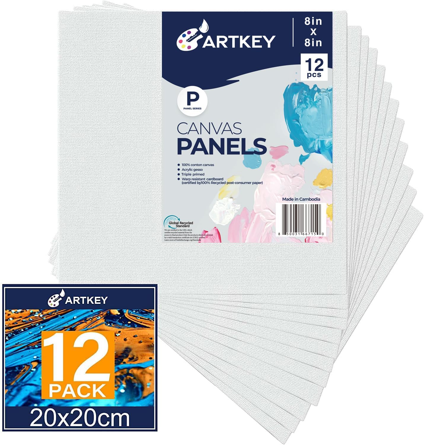 Artkey Canvas Panels 8x8 Inch 12-Pack, 10 oz Primed 100% Cotton White Blank Canvases for Painting, Square Flat Canvas Boards for Oil Acrylics Watercolor & Tempera Paints