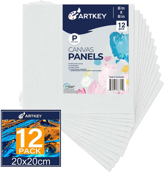 Artkey Canvas Panels 8x8 Inch 12-Pack, 10 oz Primed 100% Cotton White Blank Canvases for Painting, Square Flat Canvas Boards for Oil Acrylics Watercolor & Tempera Paints