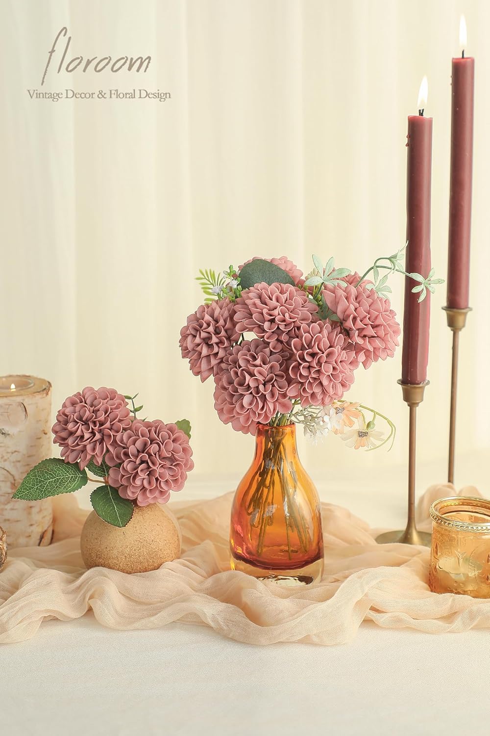 Floroom Artificial Dahlia Flowers 25pcs Real Looking Dusty Rose Foam Fake Roses with Stems for DIY Wedding Bouquets Bridal Shower Centerpieces Floral Arrangements Party Tables Home Decoration