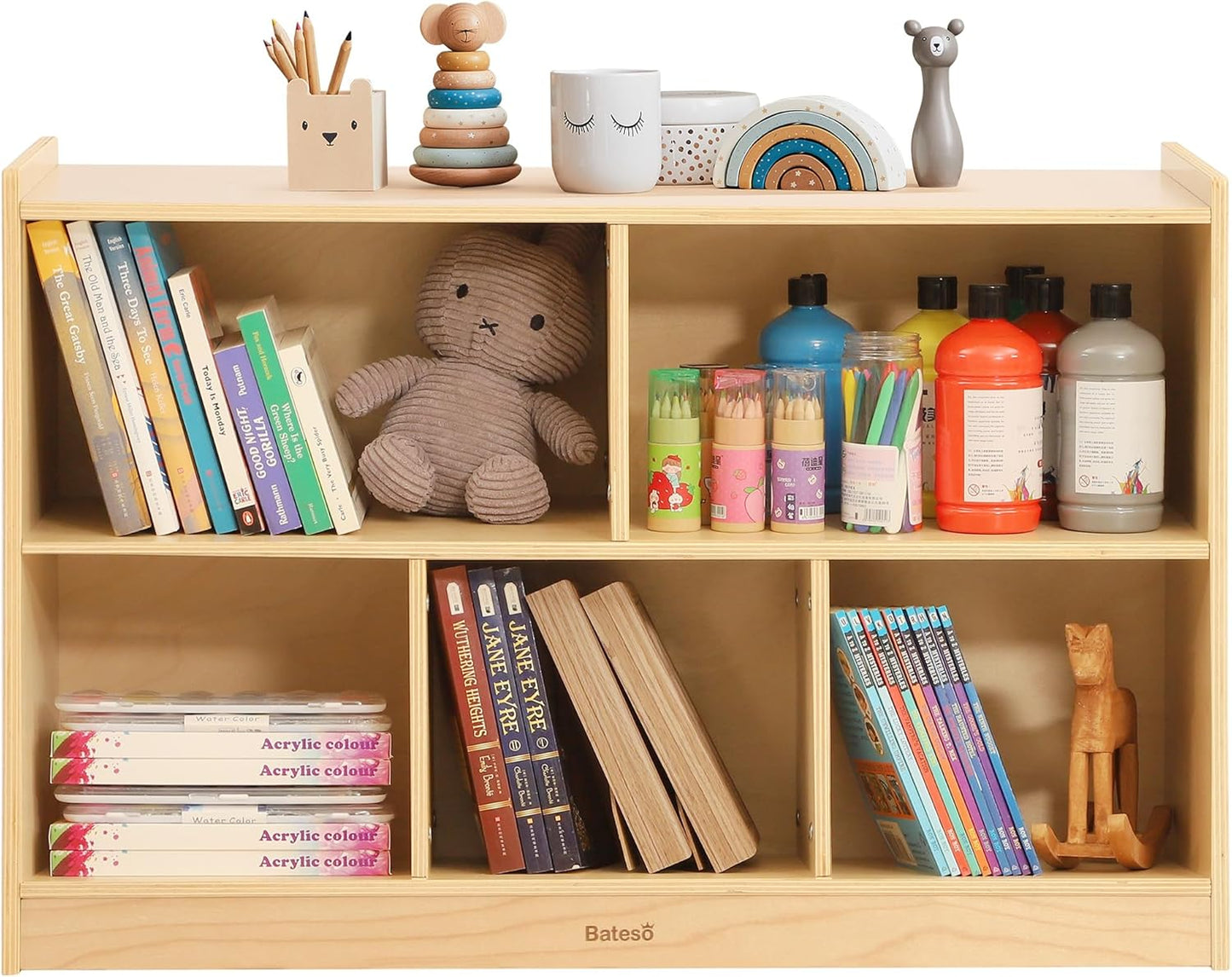 Toy Storage Organizer for Kids Room, Wooden Kids Bookshelf for Classroom, Cube Storage Organizer for Playroom, 5-Section Montessori Bookshelf & Toy Shelf for Nursery
