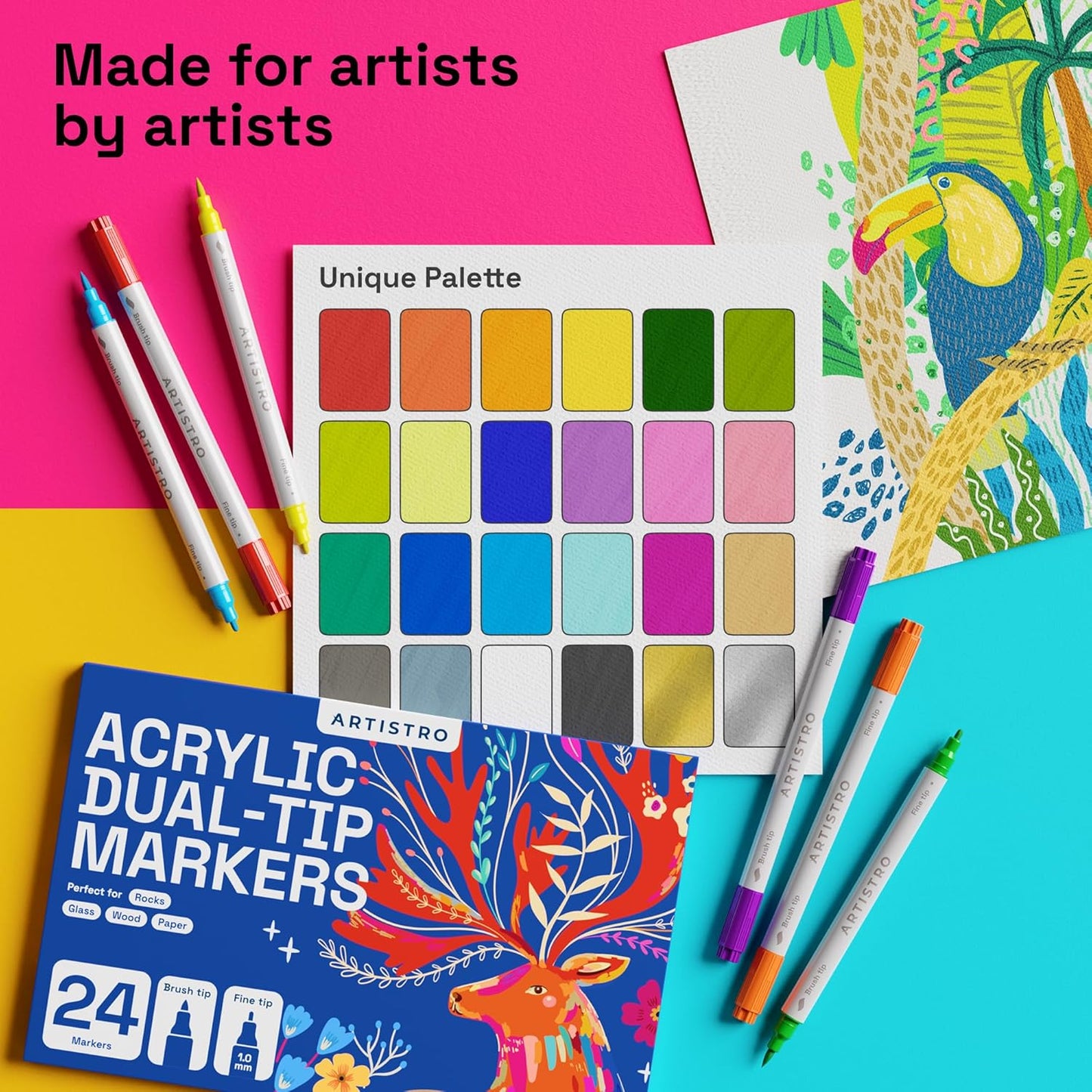 ARTISTRO 24 Dual Tip Brush + Fine Acrylic Paint Markers - Easy for All Ages & Levels Paint Pens for Fabric, Rock, Glass, DIY - Halloween Pumpkin Painting Kit, Art Supplies, Christmas Gift