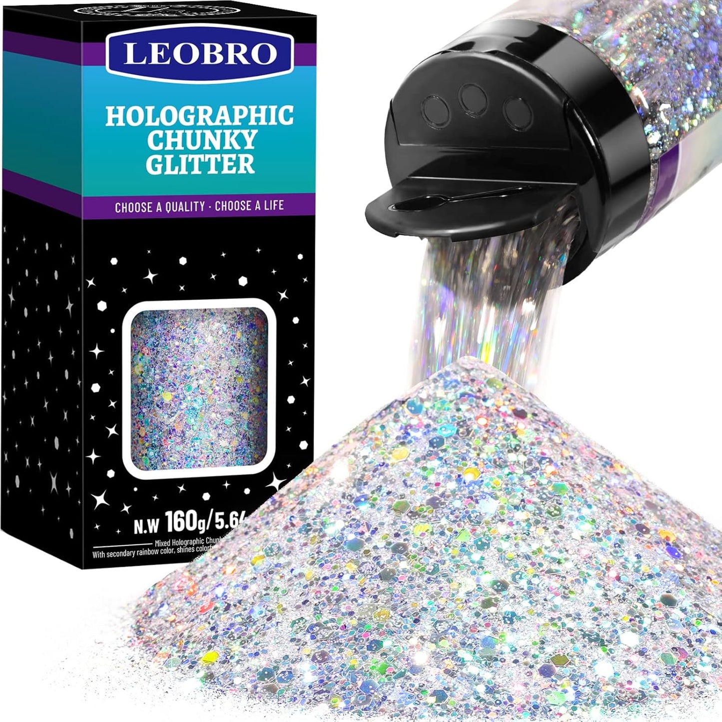 LEOBRO Silver Glitter, 160G/5.64OZ Holographic Chunky Glitter for Crafts, Resin, Body Nail Face Hair, DIY Decorations