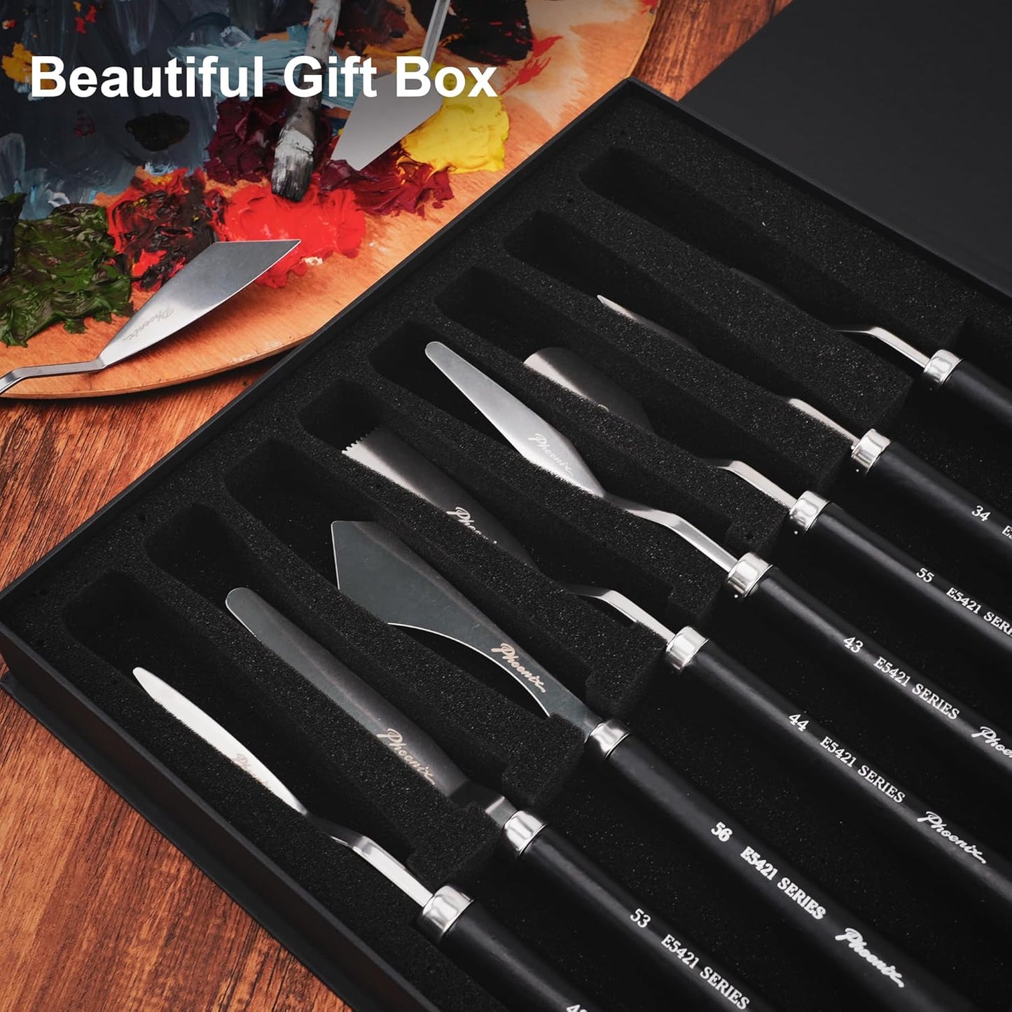 PHOENIX High Flexible Palette Knife Set, 8 Pieces Stainless Steel Painting Knives (31,41,42,43,44,46,51,52) Art Knife with Wood Handle, Paint Spatula for Oil Acrylic Paint
