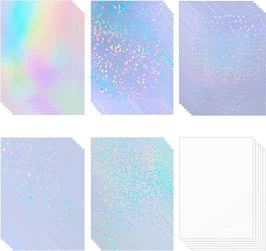 36 Sheets Holographic Sticker Paper Waterproof 8.5" x11'' Clear Vinyl Sticker Sheets Self-Adhesive Rainbow Overlay Sheets with 6 Styles Mixed