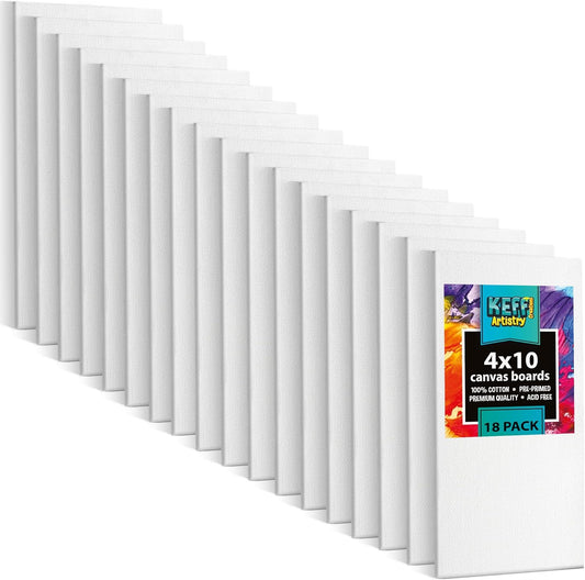 KEFF Canvas Boards for Painting - 4x10 18-Pack Bulk Canvas Panels, 100% Cotton Triple Primed Small Canvases for Painting Supplies, Acrylic, Oil, Watercolor & Tempera