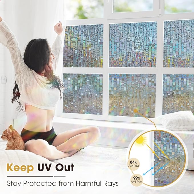 Windimiley Rainbow Window Privacy Film, 3D Stained Glass Christmas Decorative Window Clings, UV Heat Blocking Holographic Prism Stickers for Home (35.4 x 157.5In,Brown)