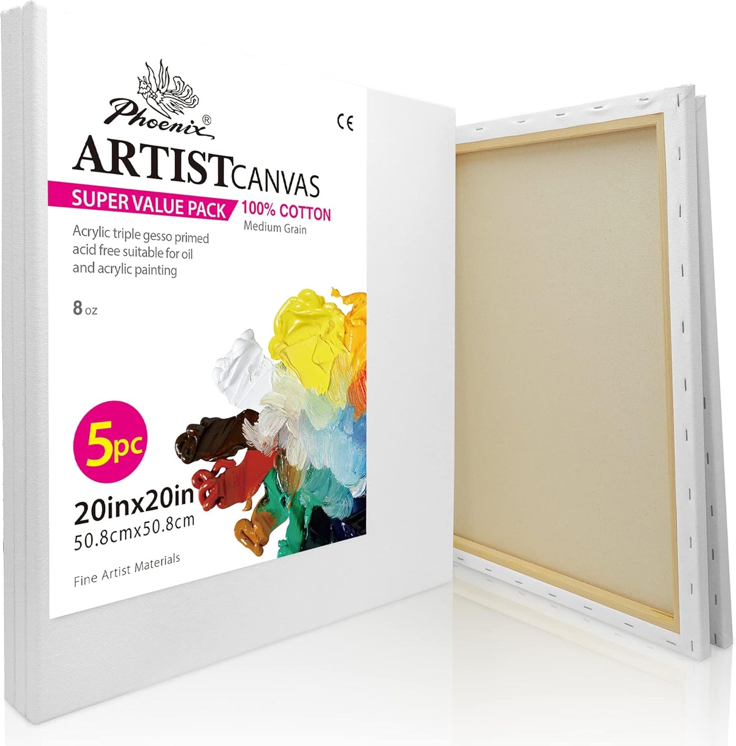 PHOENIX Large Stretched Canvas for Painting 20x20 Inch/5 Value Pack, 8 Oz Triple Primed 5/8 Inch Profile 100% Cotton White Blank Canvas, Square Framed Canvas for Oil Acrylic & Pouring Art