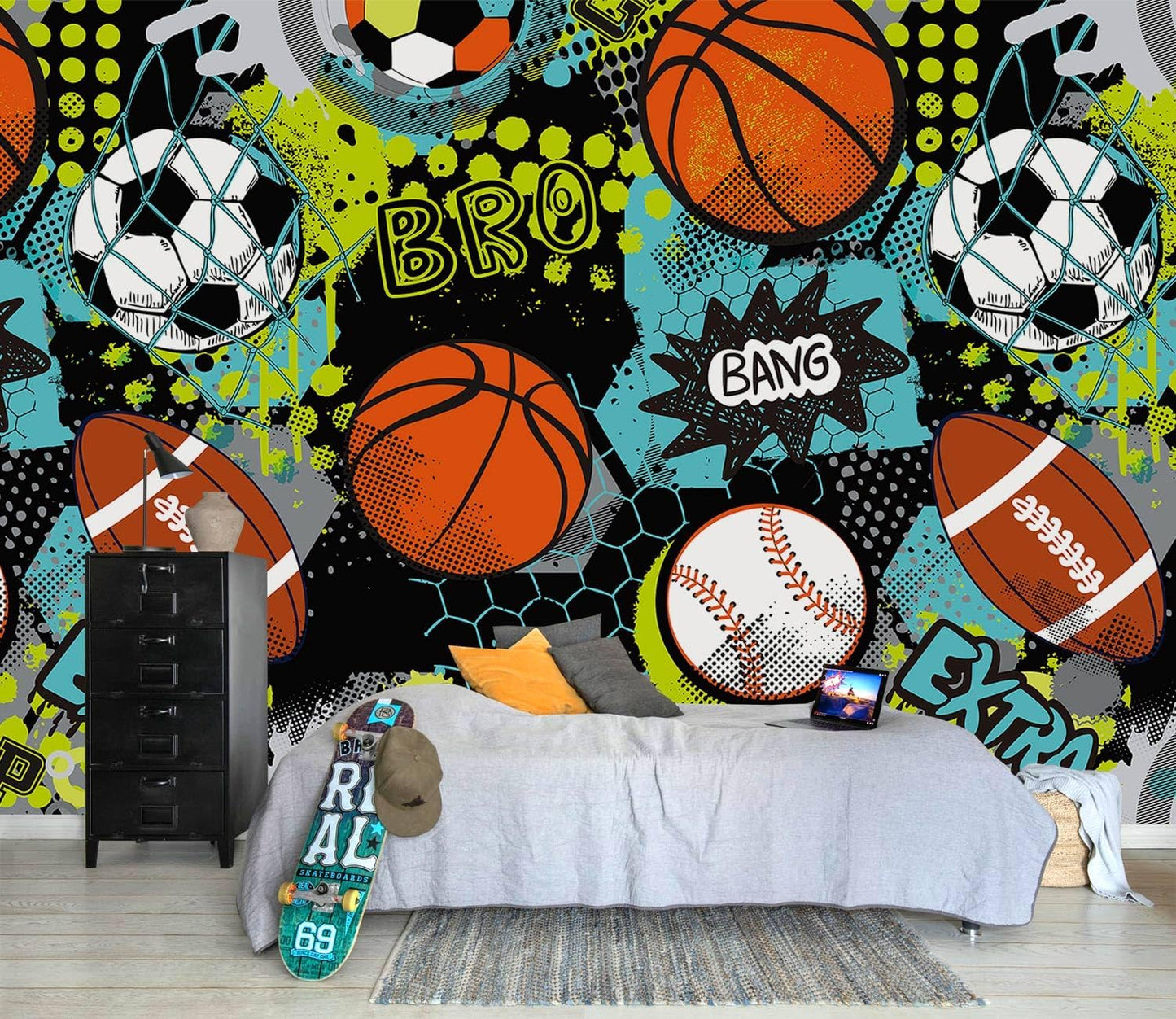 AFZEVEB-Colorful Graffiti Wallpaper Hand-Painted Ball Wall murals for Kids Room 136"x96"(Not Peel and Stick)