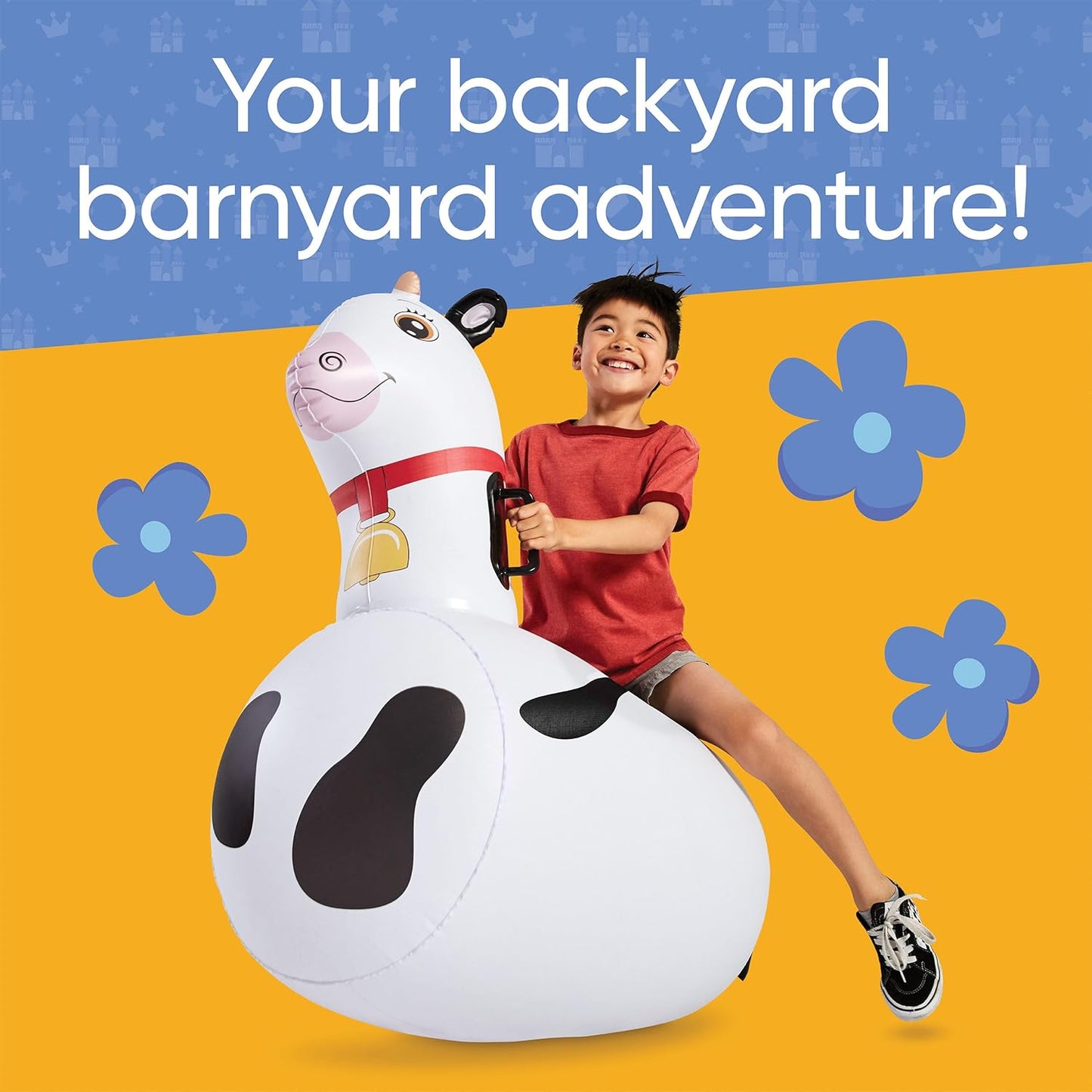 Hearthsong Hop N Go Inflatable Bouncy Cow Riding, Hopping Toys for Kids Ages 5+ - Ride On Bouncer Animal Hopper Jumping Toys for Outdoor Games