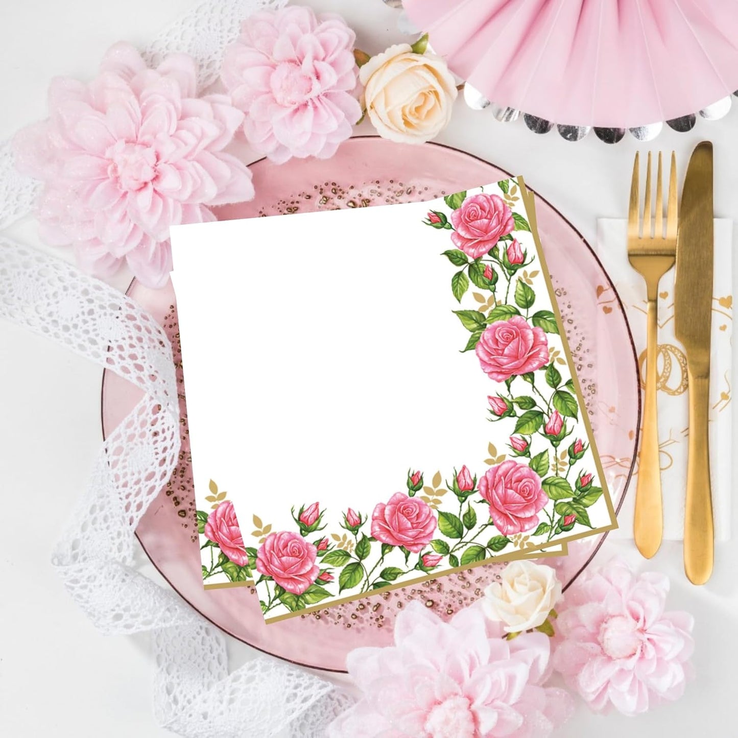 20-ct 13x13 Flowers Paper Luncheon Decoupage Napkins, 3-Ply Servilletas Printed Flower Border Cocktail Napkin for Art, Dinner and Party, Disposable Napkins Decor