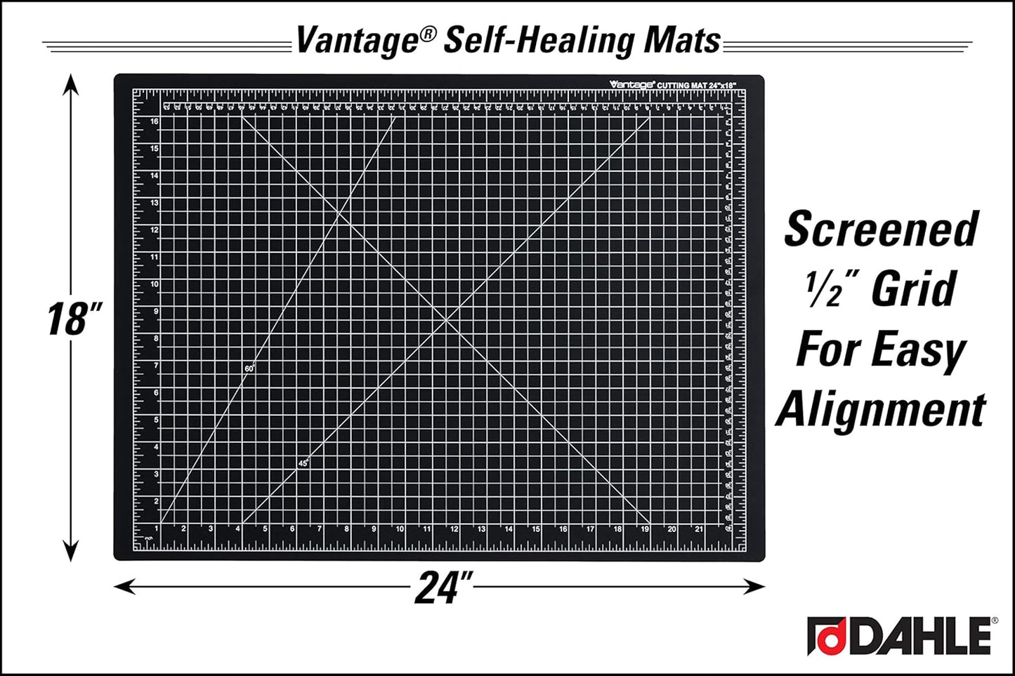 Dahle Vantage 10672 Premium Self-Healing Cutting Mat, 18"x24", 1/2" Grid, 5 Layers for Max Healing, Perfect for Crafts & Sewing, Black