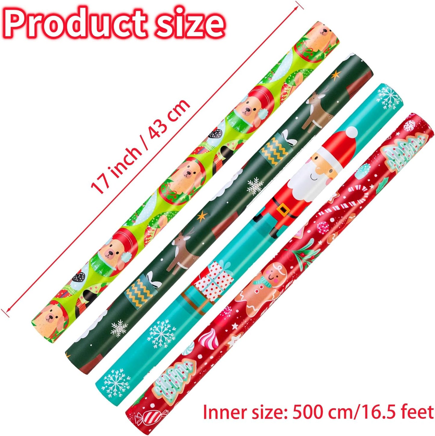 Cherubfunz Christmas Wrapping Paper (4 Rolls: 93 sq. ft. ttl) Santa Claus Carrying Gifts, Candy Cane, Reindeer, Christmas Tree/Bell, Dogs Pattern - 17 inches x 16.5 feet Per Roll
