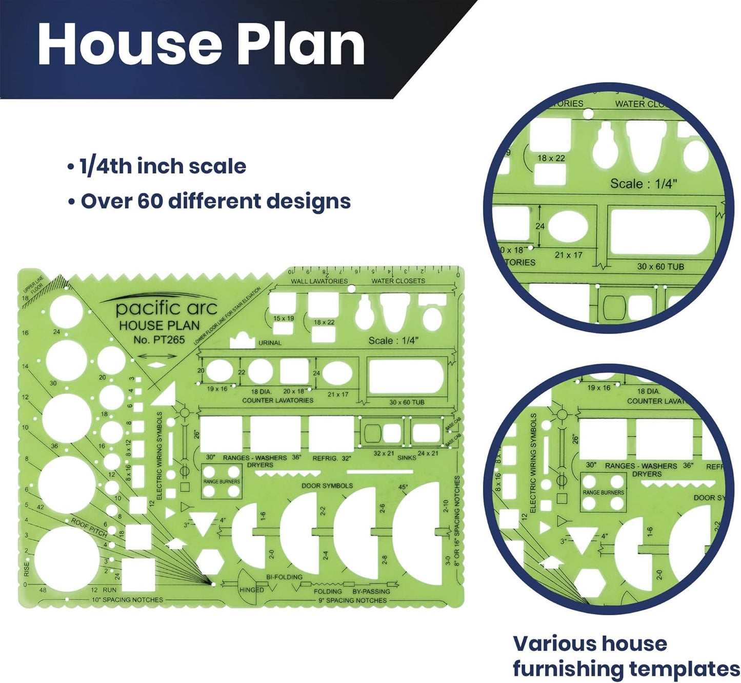 Pacific Arc House Plans Templates Guide, with Stairs, Doors, Plumbing, Kitchen Appliances, and Roof Pitch Gauge, Scale of 1/4 Inch to 1 Foot