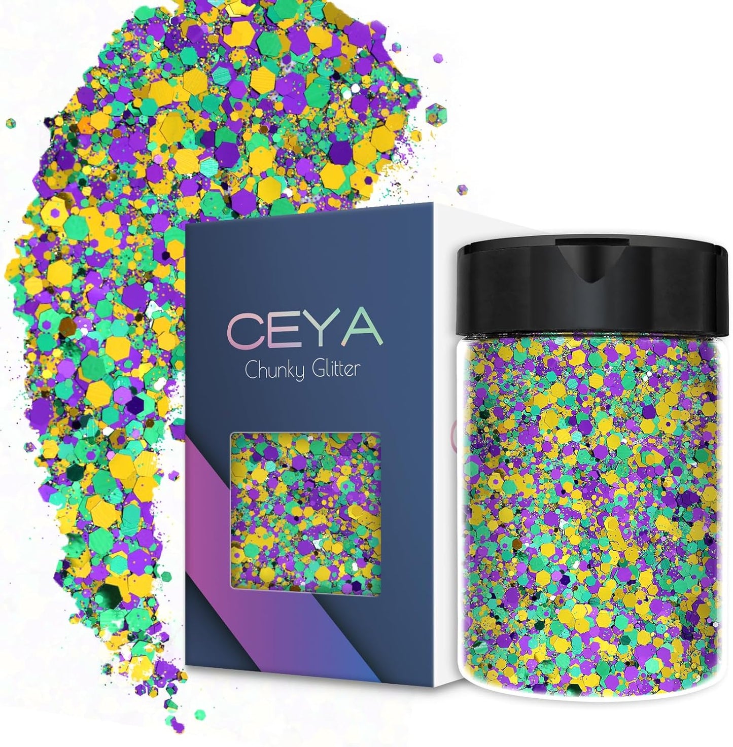 Ceya Chunky Glitter, 4.9oz/ 140g Mardi gras Craft Glitter Powder Mixed Fine Flakes Iridescent Nail Sequins for Halloween Pumpkin, Nail Art, Hair, Epoxy Resin, Tumblers, Slime, Painting, Festival Decor
