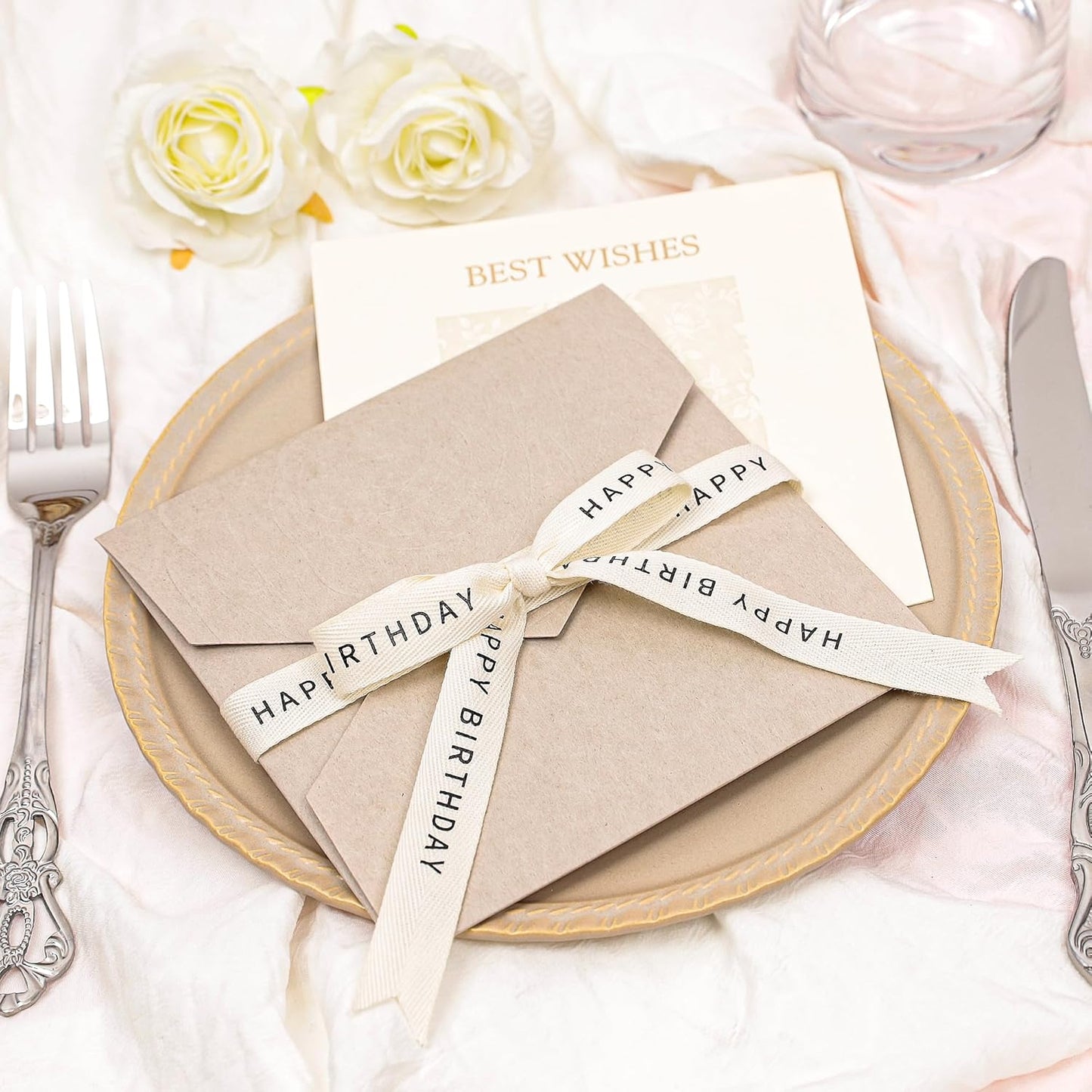 Happy Birthday Ribbon - 5/8 Inch x 12 Yards Natural Twill Tape Ribbon, Cotton Herringbone Ribbons for Gift Wrapping, Birthdays, Christmas, Anniversaries, Mother's Day