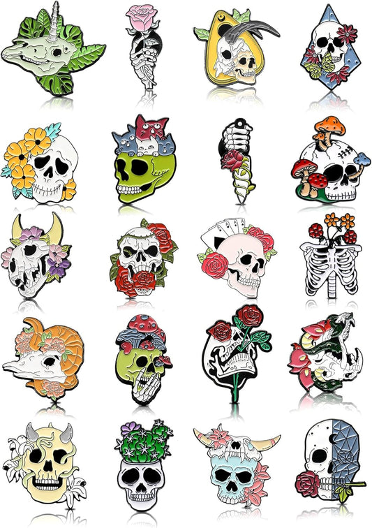 BBTO 20 Pieces Enamel Pins Skull Spooky Skeleton Enamel Pins Set Black Decorative Cartoon Goth Skull Horror Dark Brooch Cute Lapel Buttons for Jacket Backpack Hat Halloween
