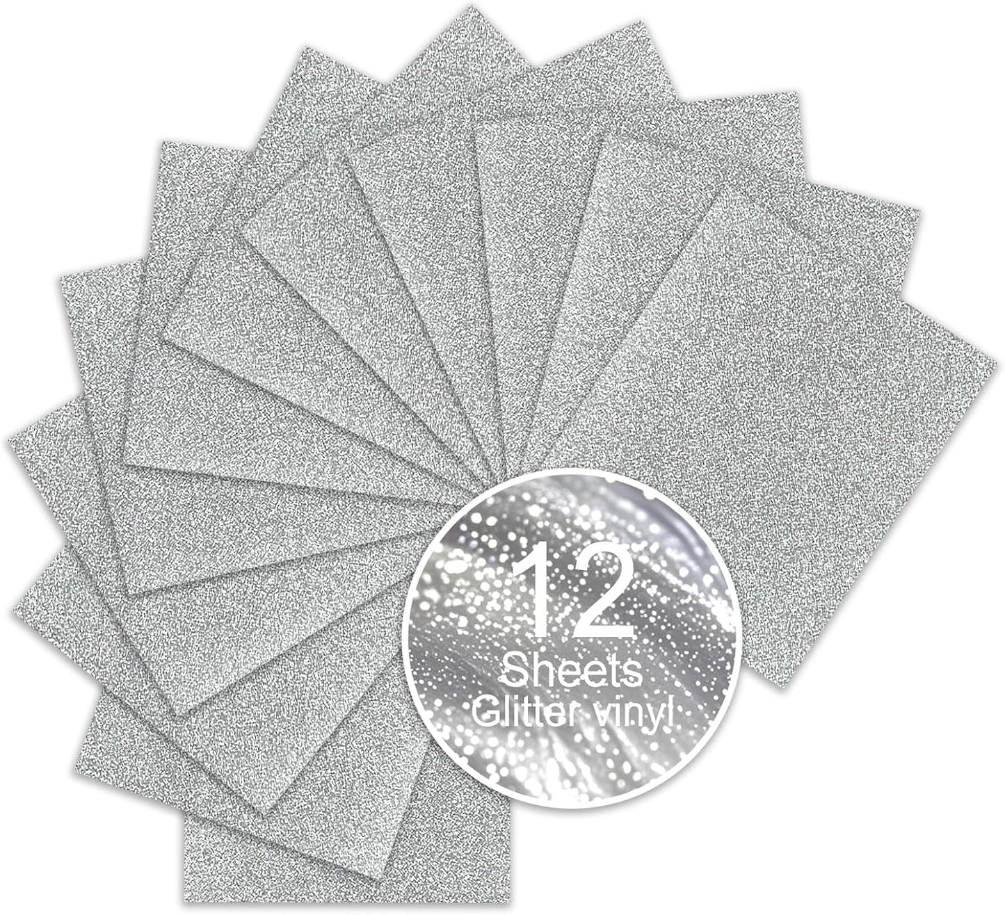 Silver Glitter Heat Transfer Vinyl, 12 Pcs 12"x10" Iron-On Vinyl Sheets – Easy to Cut & Weed, No-Flake, Washable Glitter HTV, Compatible with Cricut & Silhouette – Great for DIY Summer Projects