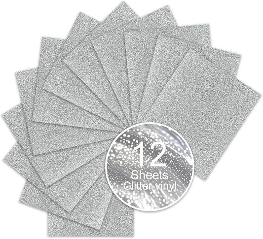 Silver Glitter Heat Transfer Vinyl, 12 Pcs 12"x10" Iron-On Vinyl Sheets – Easy to Cut & Weed, No-Flake, Washable Glitter HTV, Compatible with Cricut & Silhouette – Great for DIY Summer Projects