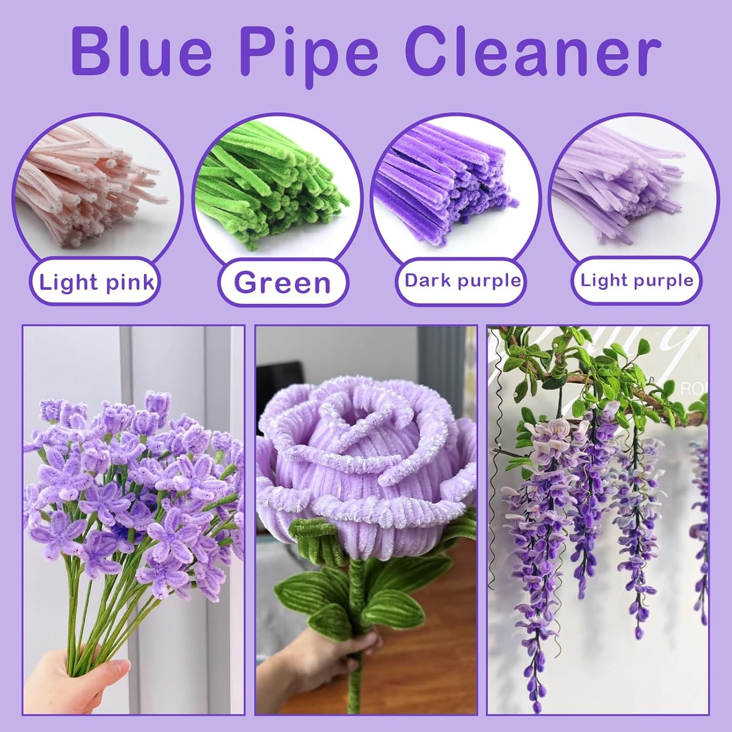 600 Pcs Purple Pipe Cleaners Craft for Flowers,Multiple Assorted Colors Pipe Cleaners Bulk, Chenille Stems for DlY Flower Making Kit.Pink Pipe Cleaners Craft Set(Purple)