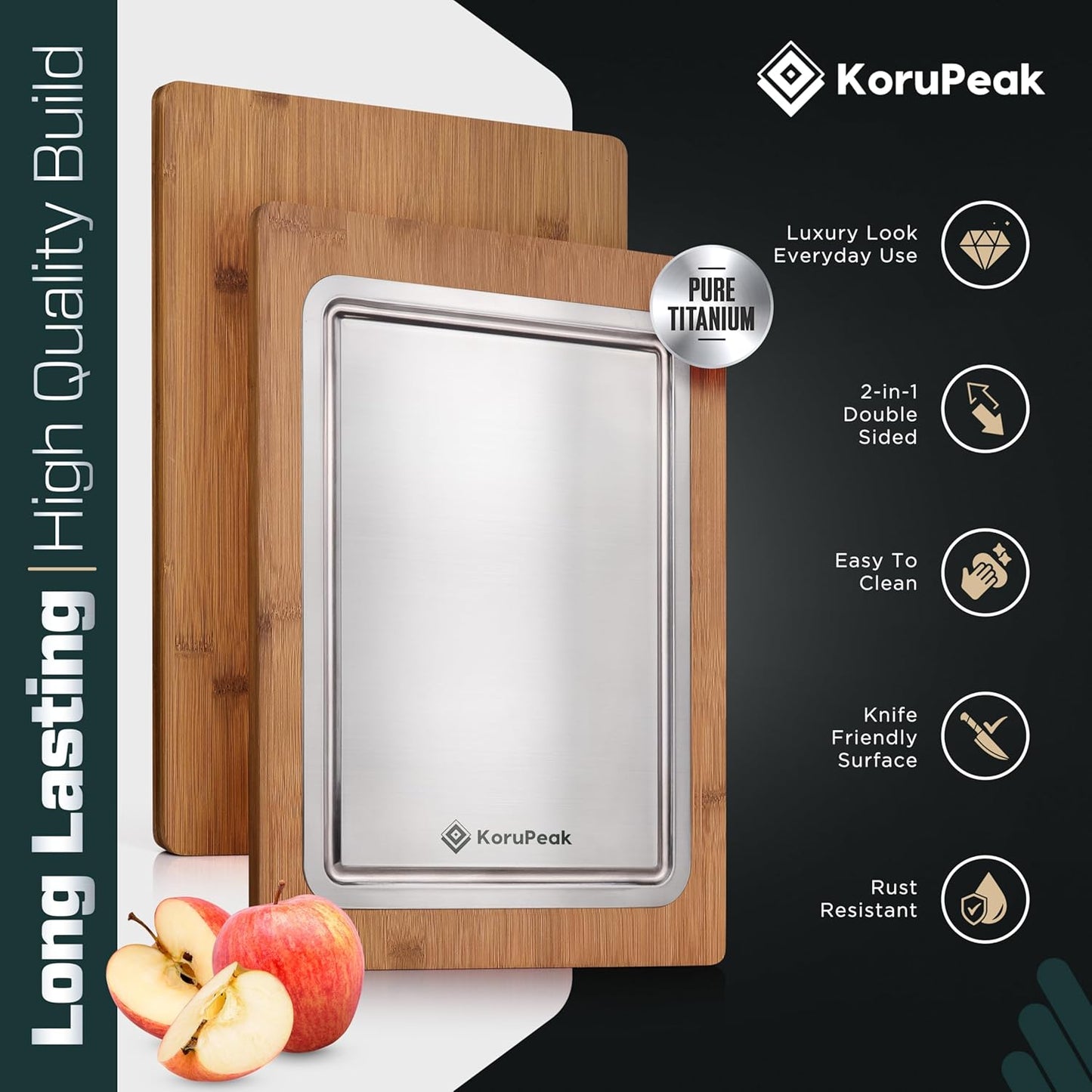 Pure Titanium Cutting Board - Double-Sided Titanium Cutting Board for Kitchen with Bamboo Side - Large 16"x12"